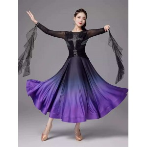 Women girls orange purple gradient competition ballroom dance dresses with float sleeves walt tango foxtrot smooth dance long gown 